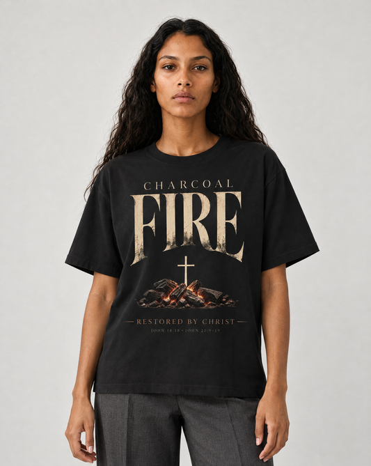 Charcoal Fire — Restored by Christ — Boxy Tee